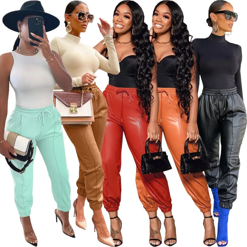

Casaul Women Joggers Pants Solid Color Pu Leather Pencil Pants Sporty Drawstring Clothes For Women Outfit