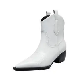 1 Women Classic Rome Runway Shoes Black White Leather Pointed Toe Mid-calf Booties Fashion Cowboy Boot Woman Free Shipping - Цвет: 1