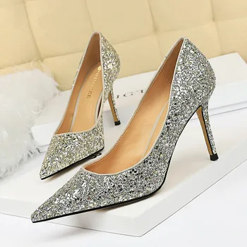 

2020 High Heel Shoes WOMEN'S Shoes Thin Heeled High-Heel Shallow Mouth Pointed Sexy Nightclub Slimming Shine Sequin Shoes