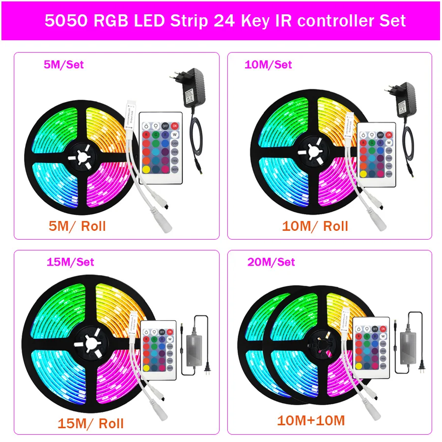 LED Strip Light RGB 5050 2835 Flexible LED Light Strip 5M 10M 15M 20M 12V LED Tape + Power Adapter + Bluetooth Music Controller (4)