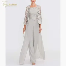 Two Pieces Mother Bride Dress 2021 Silver Gray Lace Plus Evening Gowns With Jacket For Wedding Party Vestidos De Cóctel