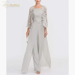 Two Pieces Mother Bride Dress 2021 Silver Gray Lace Plus Evening Gowns With Jacket For Wedding Party Vestidos De Cóctel