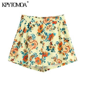 

KPYTOMOA Women 2020 Chic Fashion Floral Print Side Pockets Shorts Vintage High Waist Zipper Fly Back Elastic Female Short Pants