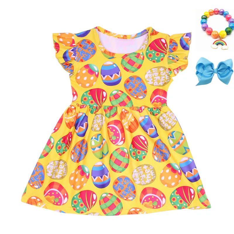 

Boutique Toddlers Easter Clothes New Cartoon Easter Eggs Print Dress Girls Pearl Sleeve Spring/summer Dress with Accessories