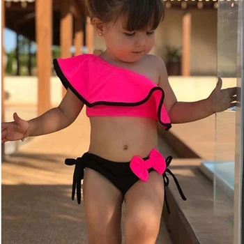

LOOZYKIT 2020 New Summer Baby Kids Girl Two Piece Swimsuit Child Swimwear Ruffles Bow Water Sports Bikini Shoulder Beach Bathing