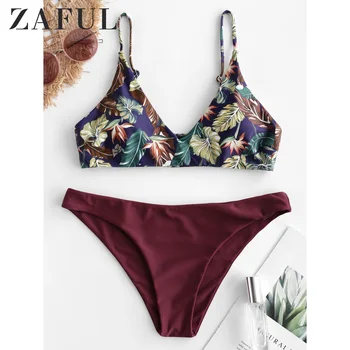 

ZAFUL Sexy Women Tropical Leaf Print Bralette Bikini Swimsuit Low Waisted Spaghetti Straps Padded Bikini Sets Ladies Swimwear