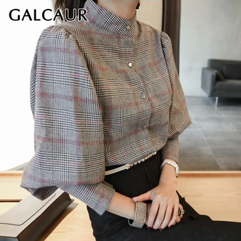 

GALCAUR Plaid Women's Shirts Stand Collar Lantern Sleeve Single Breasted Korean Blouse Female Fashion New 2020 Ladies OL Style