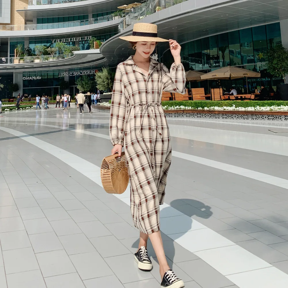 

Photo Shoot 2019 Spring New Style Fashion Retro British Style over-the-Knee Long Plaid Waist Hugging Shirt Dress Dress