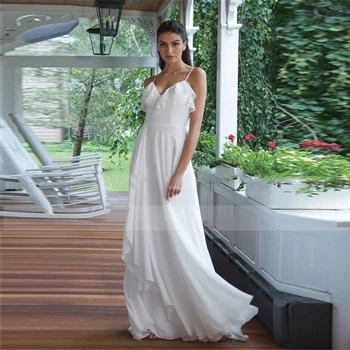 

Sexy Spaghetti Strips A-Line Chiffon Long Wedding Dresses Beach Custom Made Beach Formal Bridal Gowns Backless Bohemia Simple