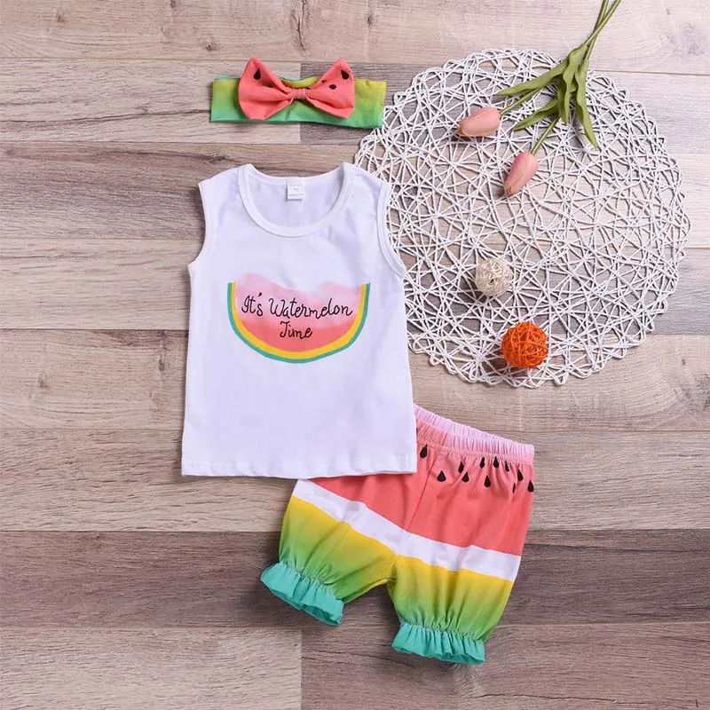 

Baby Girl Summer Clothes Set 2 Piece Set Cartoon 6-30M Baby Kids Clothes Vest Top + Shorts+Headband Tracksuit Outfits