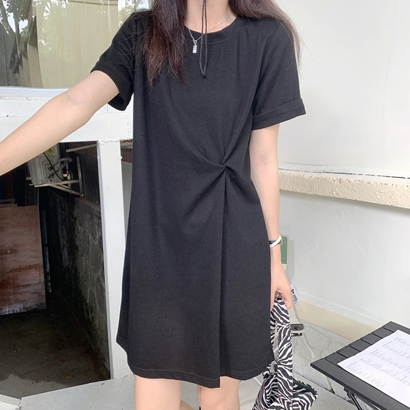 

Casual Women Summer Short Sleeve Dress Korean Round Neck A-Line High Waist Dresses Slim Knee-Length Vestidos Female