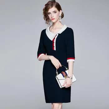 

Dress Autumn Women 2019 New Color Contrast Turn Down Collar Front Row Buttons Half Sleeves Slim A-Line Dress Knee Length S-XL