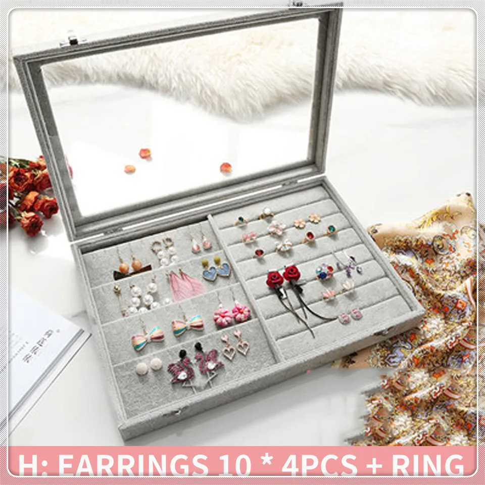 H Earrings ring MSJO органайзер для ювелирных изделий, бархатный ящик для хранения, стеклянная коробка для ювелирных изделий, браслет, часы, органайзер, серьги, кольцо, лоток, Подарочная коробка для ювелирных изделий - Цвет: H Earrings ring