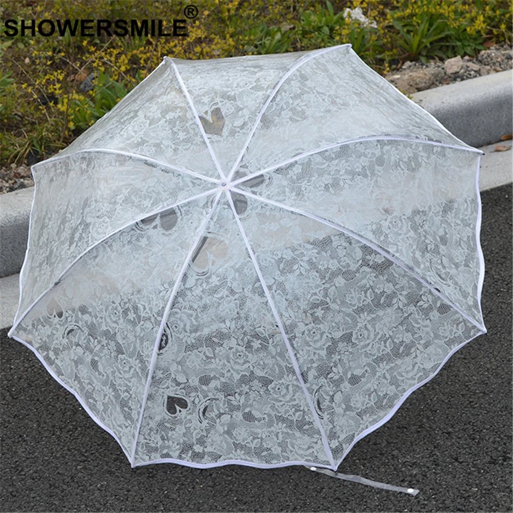 Najtaniej SHOWERSMILE koronkowy przezroczysty parasol deszcz kobiety biały składany plastikowy jasny parasol ślubny długi uchwyt panie Guarda Chuva