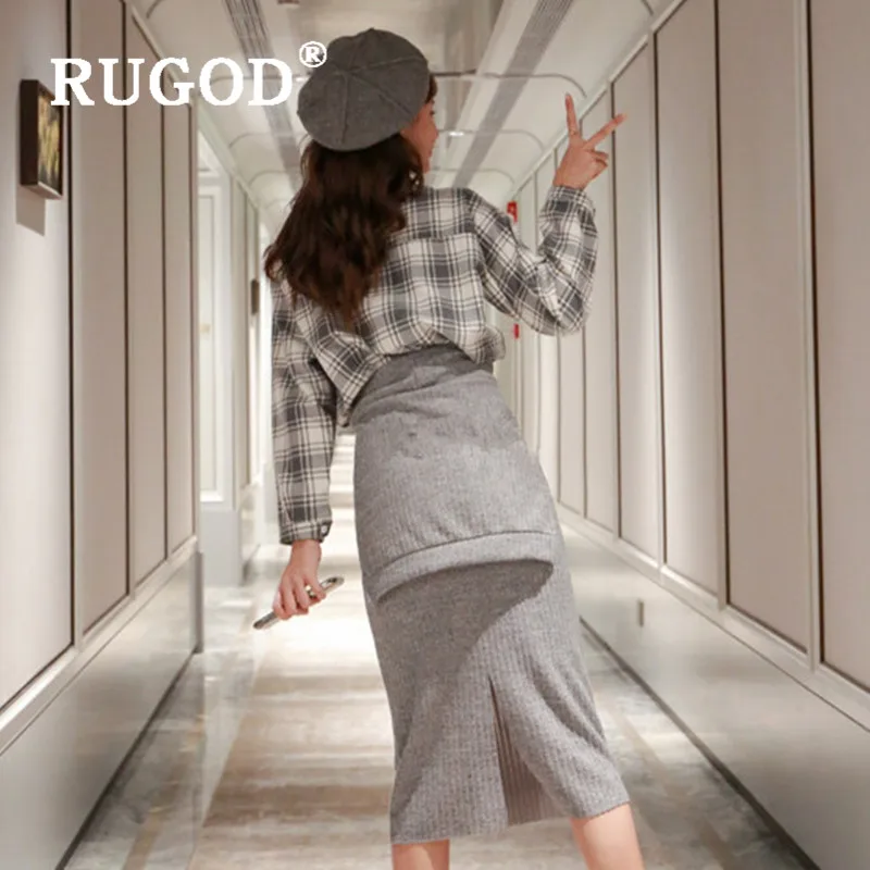 RUGOD женский модный комплект клетчатая рубашка и трикотажная эластичная юбка и шаль с буквами темперамент шикарная уличная очаровательный костюмчик