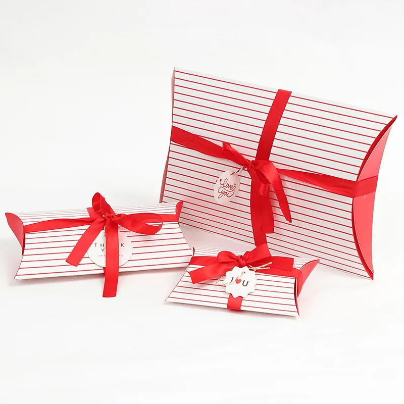 

20pcs/lot New Stripe Pillow Box Ribbon Bow Present Carton Pouch Kraft Paper Bag Gift Boxes Wedding Party Supply Customize