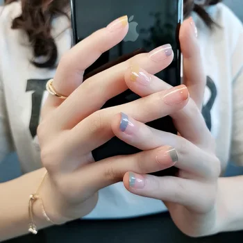 

24pcs Beautiful Light Color Wearable Finished Fingernail Short French Detachable Simple Full Cover Fake Nails with Glue for girl