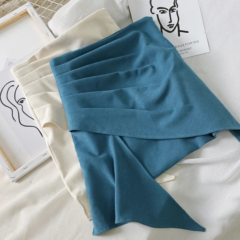 

2021 Spring Women Pleated Mini Skirts Western Style Irregular Thin High Waist Skirts Female Vintage Bandage Skirt