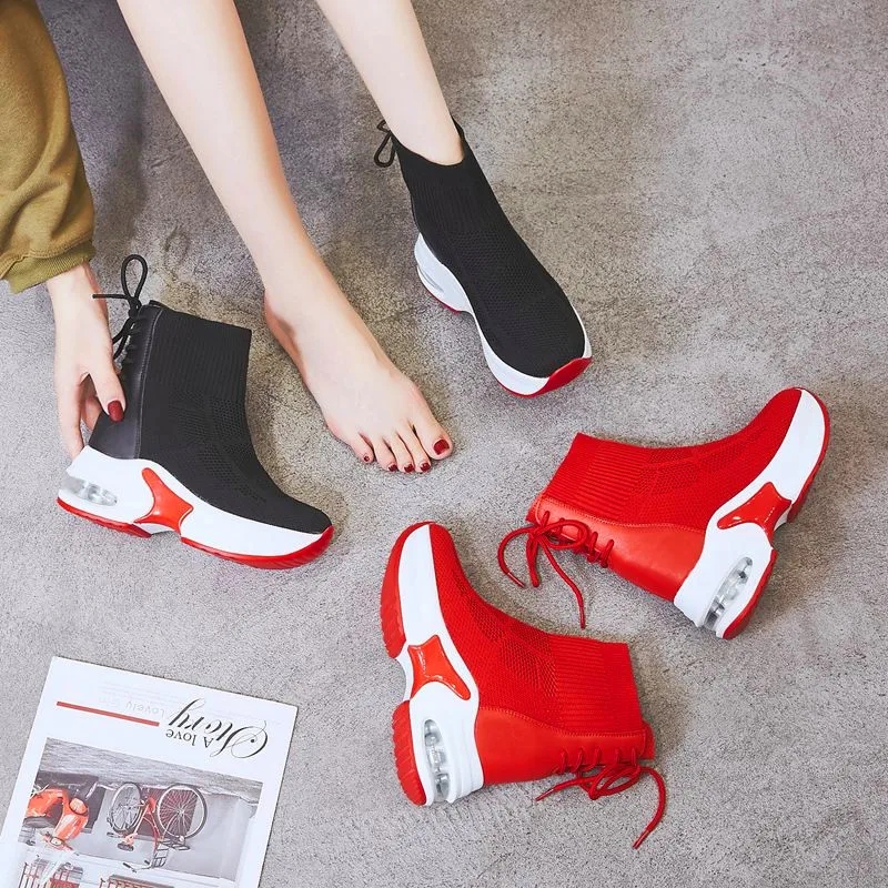 Для женщин; туфли с подошвой из вулканизированной резины дышащая вразлёт, плетение повседневная обувь с высоким берцем толстые ботинки удобные muffin feminino Zapato Mujer