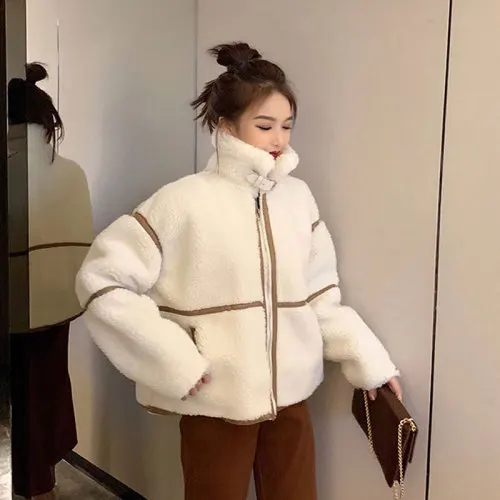 Зимняя женская куртка новая Корейская версия из овечьей шерсти толстый теплый кардиган зимняя женская дикая свободная тонкая темпераментная куртка Z022 - Цвет: white