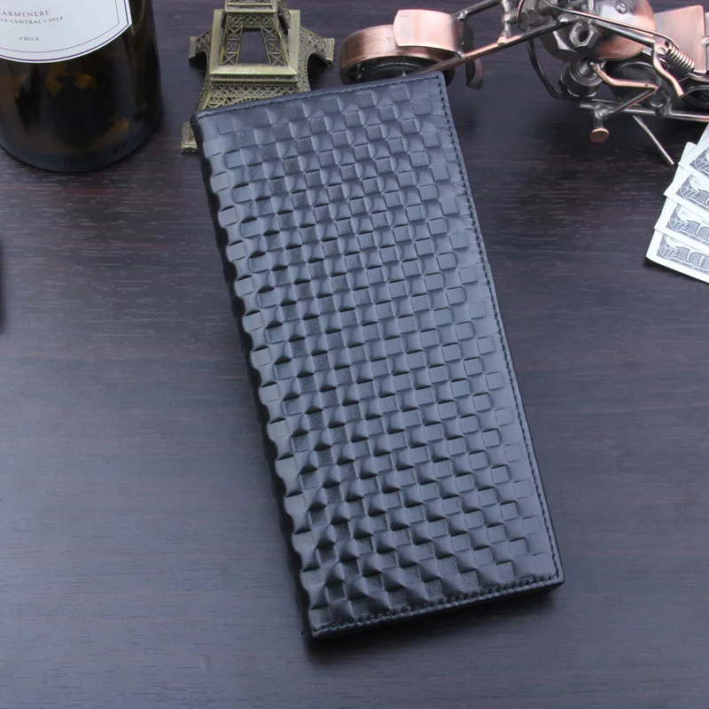 

2019 new first layer leather men's long wallet woven square pattern hand-held wallet big name quality