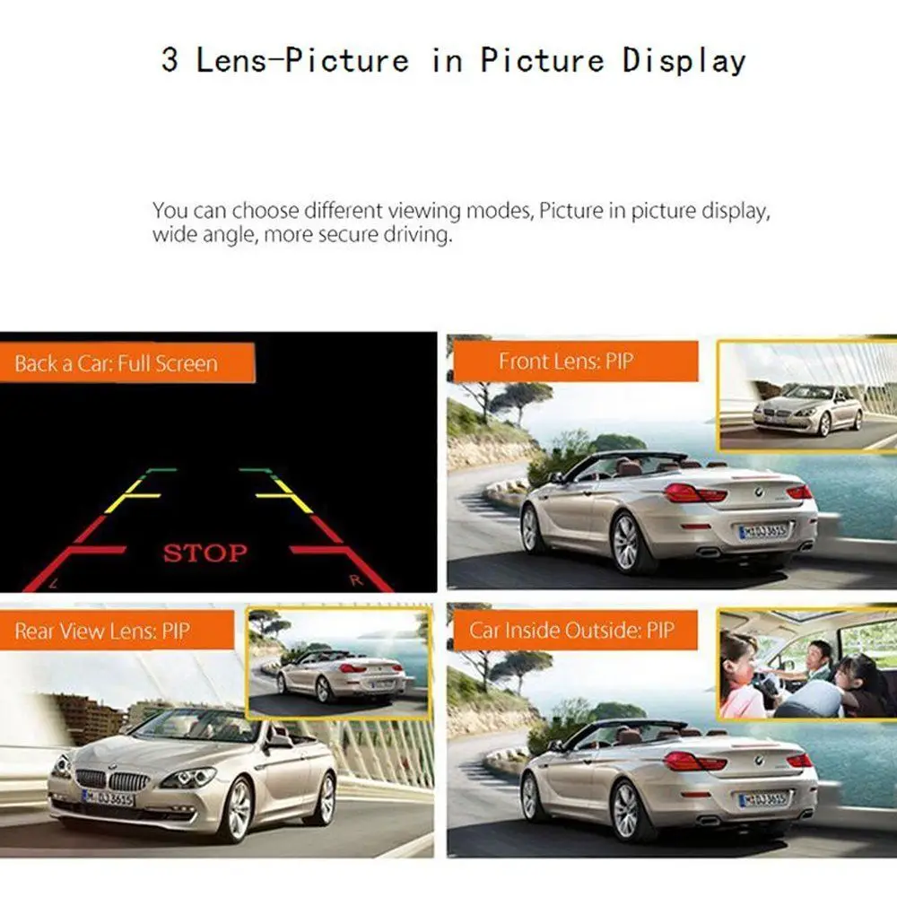  Podofo 4'' Three Lens Car DVR 3 Cameras Lens Dash Camera Dual Lens With Rearview Camera Video Recor