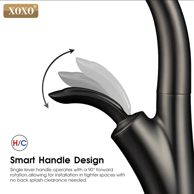  XOXO Kitchen Faucet Pull Out Cold and Hot Kitchen Tap Black Single Hole Single Handle Swivel 360 De - 4000173165812