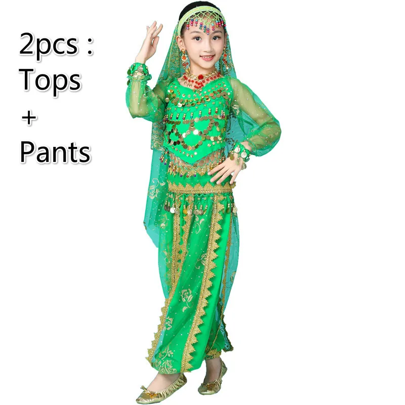 2pcs green Костюм для танца живота, комплекты для девочек, детское платье для индийского танца, детская танцевальная одежда Для Болливуда, одежда для восточных танцев - Цвет: 2pcs green