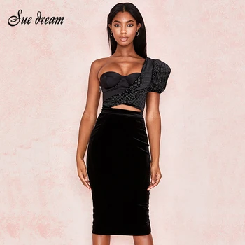 

2020 Women's Summer New Fashion Sexy Black Two-Piece Set One-Sleeve Polka Dot Puff Sleeve Short Top & High Waist Bag Hip Skirt