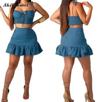 

Ladies Fashion Ccasual 2 Piece Set Women Short Skirts Sets Spaghetti Strape Bandage Crop Top And Bodycon Sexy Club 2 Piece Set