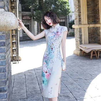 

Sexy Slim Classic Qipao New Print Flowers Banquet Cheongsam Chinese Dress Silk Plus Size 3XL Vintage Satin rayon Qipao