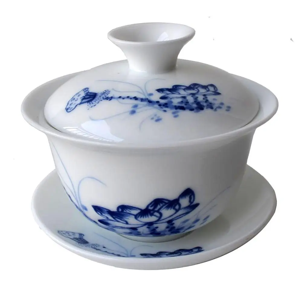 Чайные чашки Gaiwan с лотосом 150 мл синие и белые столовые приборы китайский чайный