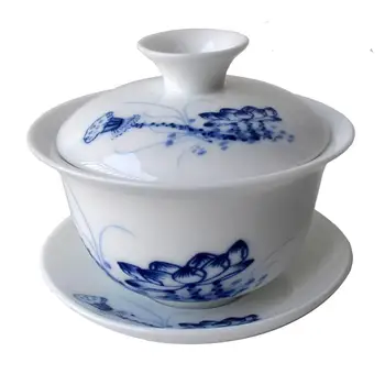 

Gaiwan 150ml Lotus tureen teacups Blue white porcelain traditional chinese tea set lid cups saucer teaware San cai cover bowl