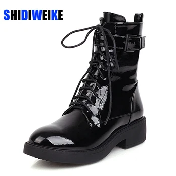 

Women'S Leather Boots 34-43 Thick Machine Boots Ladies Autumn Winter Round Head Patent Leather Lace Boots Black Motorcycle Boots