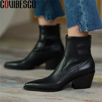 

COVIBESCO 2020 Fashion Genuine Leather Women Ankle Boots Top Quality Pointed Toe Thick Heels Pumps Party Office Lady Shoes Woman