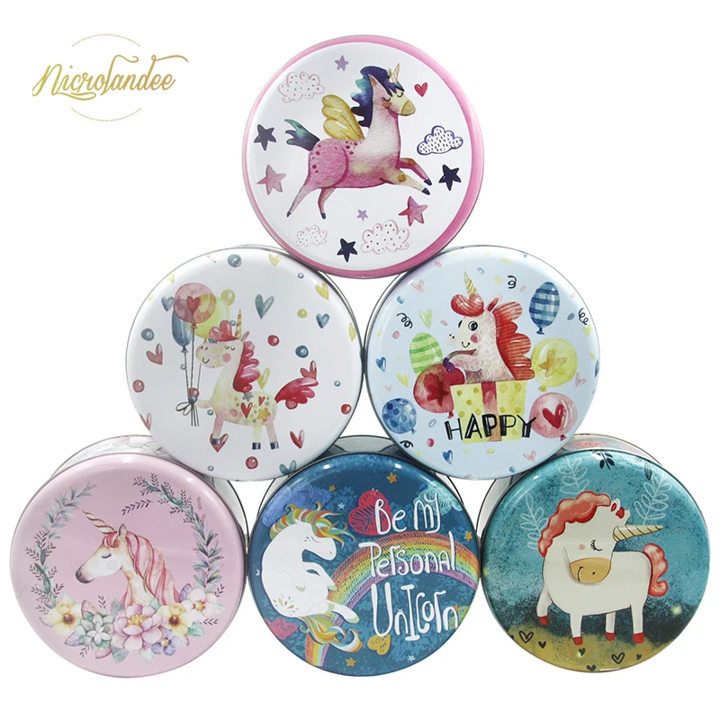 

NICROLANDEE 6.6Inch Unicorn Cookie Containers with Lids Kids Toy Organizers Vintage Storage Box Round Shape Tins Tea Leafs Cans