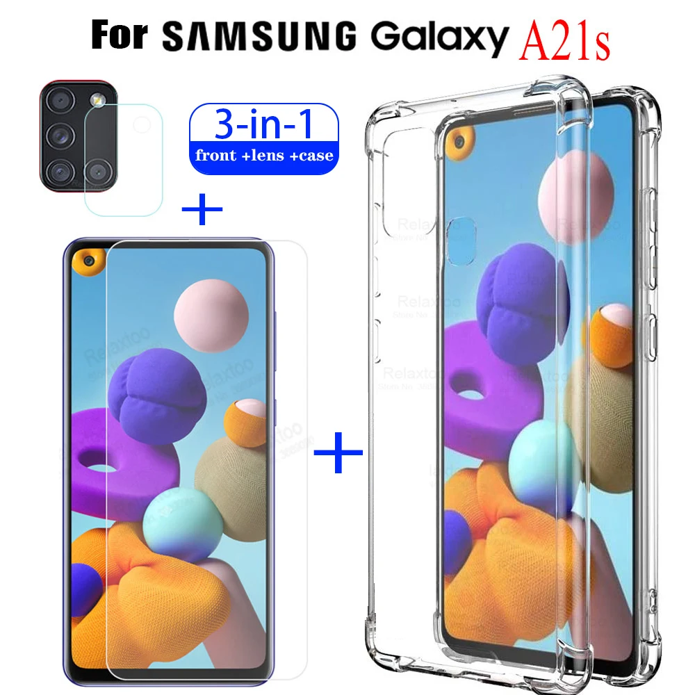 Funda transparente de silicona TPU 3 en 1 para Samsung A21s, cristal templado para Galaxy A21s A21 s, película protectora para cámara