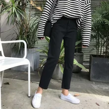 Однотонные джинсы в Корейском стиле, женские прямые джинсы, осенние новые джинсы, женские свободные штаны-шаровары, джинсы с высокой талией