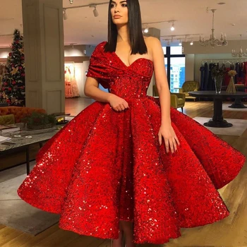 

Smileven Red Short Evening Dress Ball Gown One Shoulder Sequin Prom Gowns Ankle Length robe de soiree Evening Party Dresses
