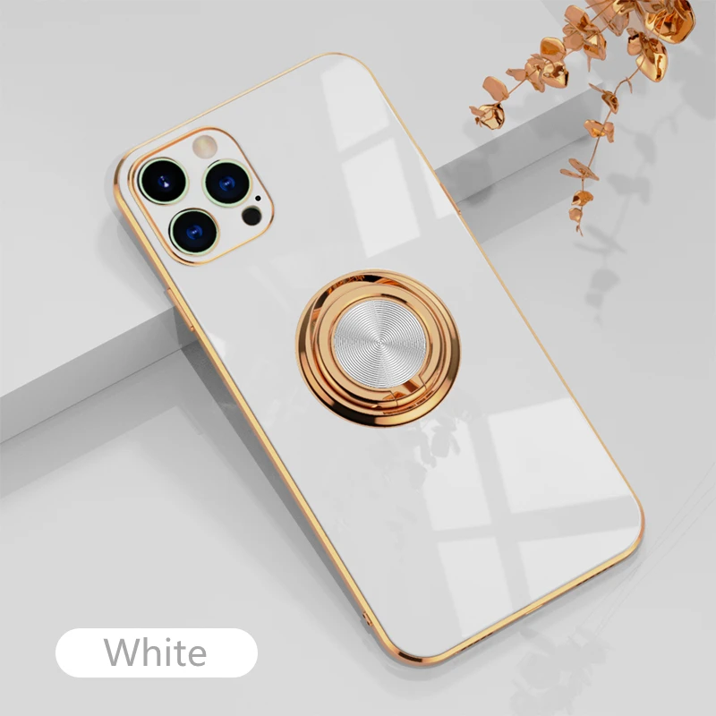 thumbnail image 1 of Luxury Plating Silicone Case For iPhone 15 14 13 12 11 Pro Xs Max Mini SE X XR 7 8 Plus Metal Ring Holder Stand Soft Phone Cover, 1 of 5