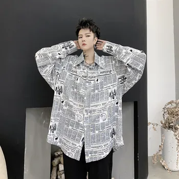

Korean Men Clothes 2020 Spring Shirt Male Streetwear Hip Hop Vintage Men Newspaper Print Casual Loose Long Sleeve Fashion Shirt