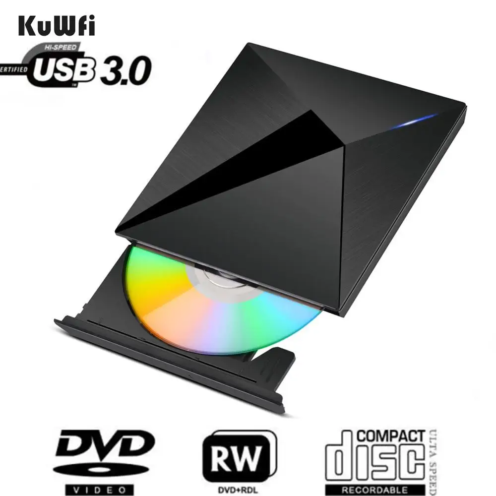 KuWFi Внешний USB3.0 привод CD DVD Usb Оптический привод DVD RW CD писатель CD/DVD Rom плеер горелки для ноутбука/ПК - Цвет: Black