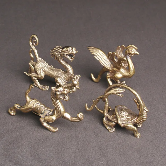 Sárgaréz Kínai Négy Isten Vadállatok Díszek Zöld Sárkány Fehér Tigris Vermilion Madár Fekete Teknős Fengshui Réz Mini Figurák