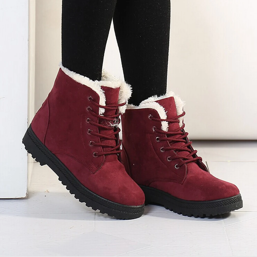 

Snow boots 2019 warm fur plush Insole women winter boots square heels flock ankle boots women shoes lace-up winter shoes woman