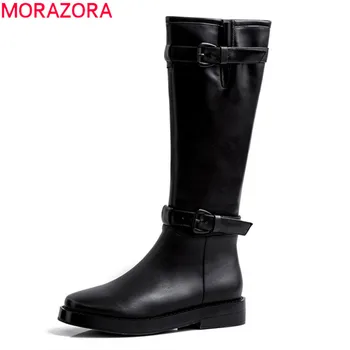 

MORAZORA 2020 new fashion winter women brand boots low heel round toe buckle motorcycle boots genuine leather ladies shoes