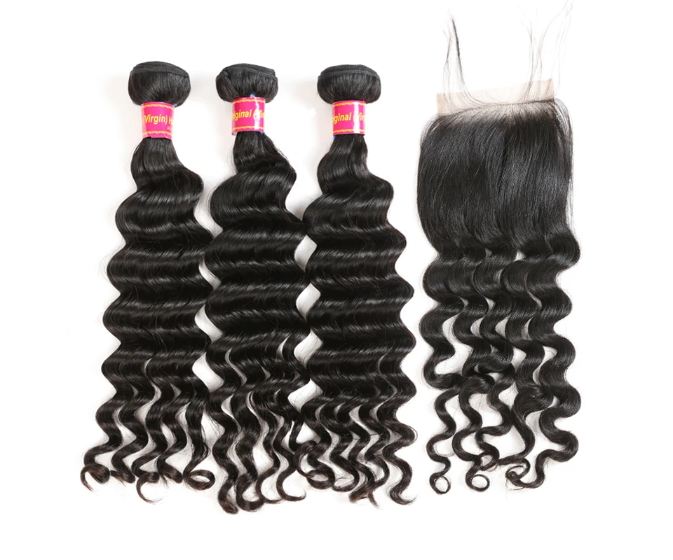 Ali queen hair Products Бразильский Натуральный волнистый девственные человеческие волосы 3 пучка с 4x4 кружевной чехол