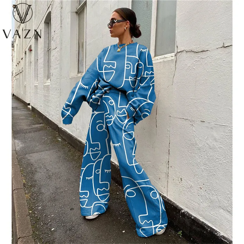 VAZN 2021 European and American Spring Summer Hot Style Long-Sleeved Loose Print Abstract Sweater Set |