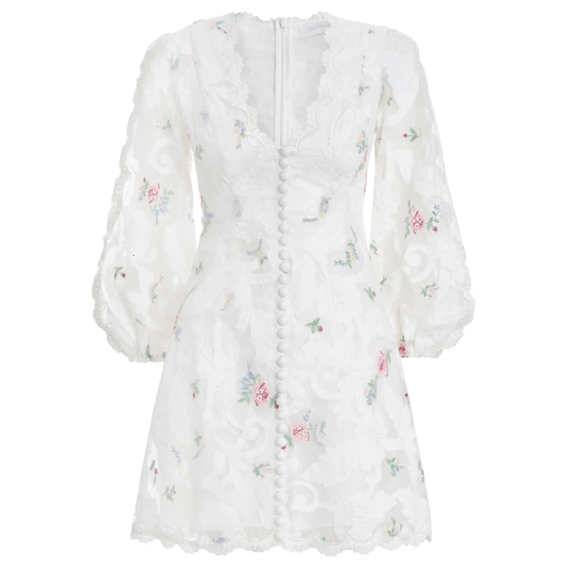 Лоскутные кружевные женские платья с вышивкой, v-образный вырез, фонарь, длинный рукав, высокая талия, платье для женщин, модная одежда, новинка - Цвет: Белый