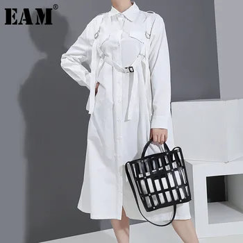 

[EAM] Women White Ribbon Split Joint Big Size Shirt Dress New Lapel Long Sleeve Loose Fit Fashion Tide Spring Autumn 2020 1S769