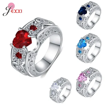 

Free Shipping Genuine 925 Sterling Silver Finger Rings With Sparkling Heart Shape Crystal Multiple Color Crystal For Choice